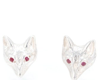 Fox Head Earrings in Sterling Silver with Ruby Eyes.