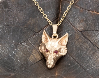 Fox Head Pendant in Solid Gold and Ruby Eyes.
