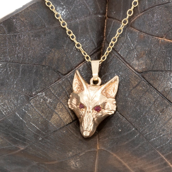 Fox Head Pendant in Solid Gold and Ruby Eyes.