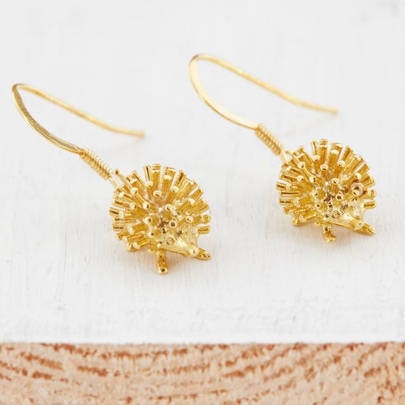 Hedgehog Earrings in 18 Carat Gold on Sterling Silver. Etsy Canada