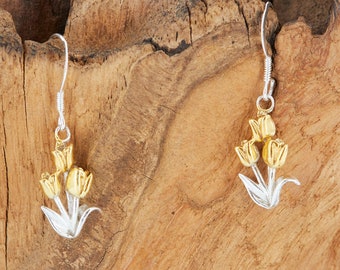 Pendientes Tulipanes en Oro de 18 Quilates sobre Plata de Ley.