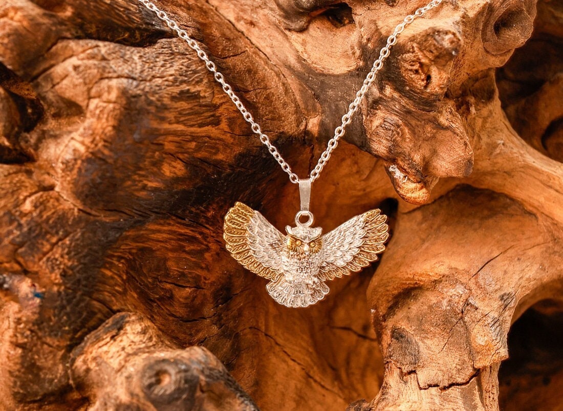 Owl in Flight Necklace in Sterling Silver and 18 Carat Gold Vermeil.