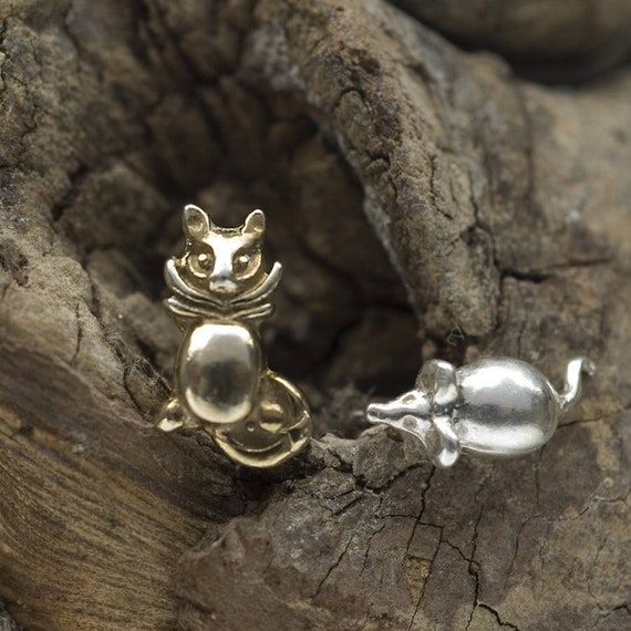 Cat and Mouse Stud Earrings, in Sterling Silver and 18 Carat Gold