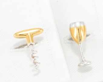 Wine Glass  and Corkscrew Cufflinks in 18 Carat Gold on Sterling Silver.