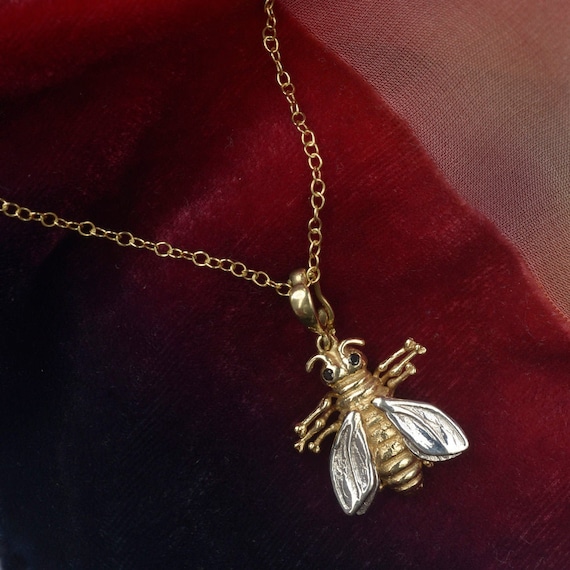 Buy Bee Necklace in Solid Gold With Black Diamonds. Online in