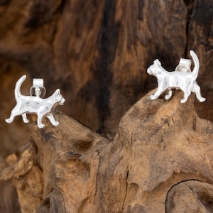 Small Cat Stud Earrings in Sterling Silver.