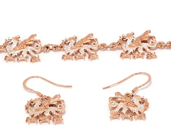 Welsh Dragon Bracelet and Earrings in Sterling Silver and Rose Gold.