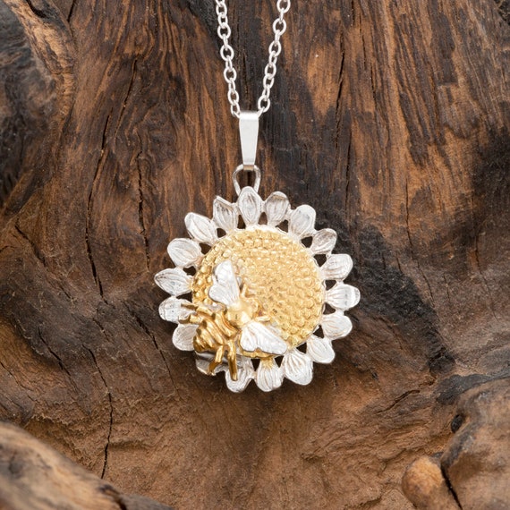 Buy Bee on Sunflower Necklace in Sterling Silver and 18 Carat Gold