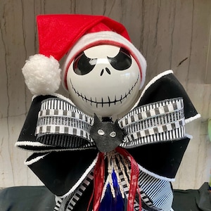 Nightmare Before Christmas Tree Topper, Jack Skellington Tree Topper, Black and White Stripes Santa Hat, 6 Inch large Ball