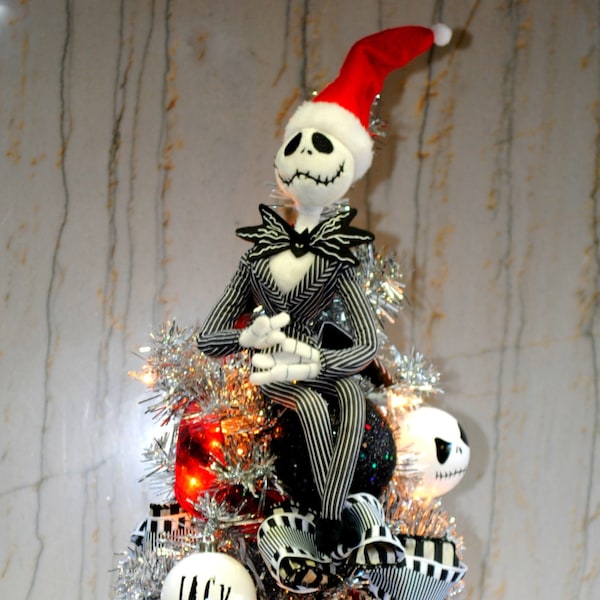 Jack Skellington Nightmare Before Christmas Tree lighted with Custom Jack Ornaments and Sewn Tree Skirt