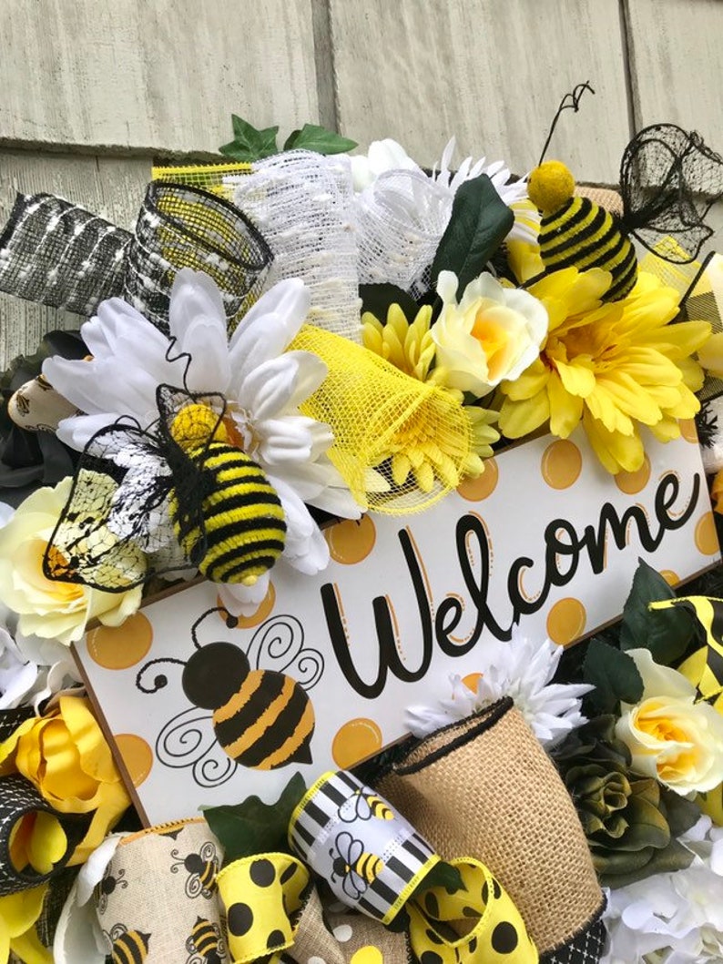 Bee Wreath Bee Happy Black,Yellow and White Summer Wreath XL Spring Wreath Welcome Bee Bumblebee Wreath Welcome Wreath