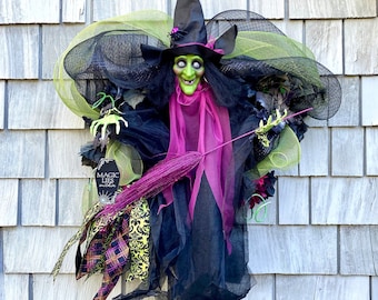 3D Flying Witch Halloween Wreath: Light-Up Eyes, Black Grapevine Base