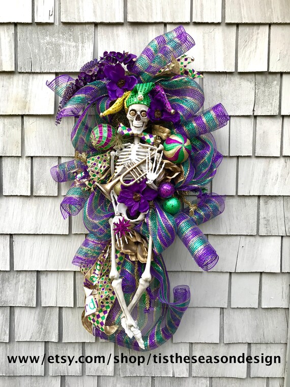 Mardi Gras Wreath Swag, XXL Mardi Gras Skeleton, Carnival