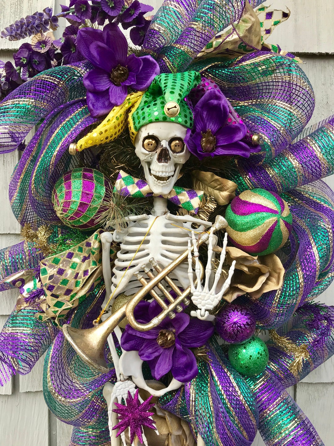 Mardi Gras Wreath Swag, XXL Mardi Gras Skeleton, Carnival