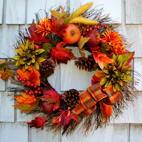Fall Wreath Autumn Harvest Wreath for the Door Sale Floral and Pinecone Double Layered Burlap Bow Thanksgiving Wreath