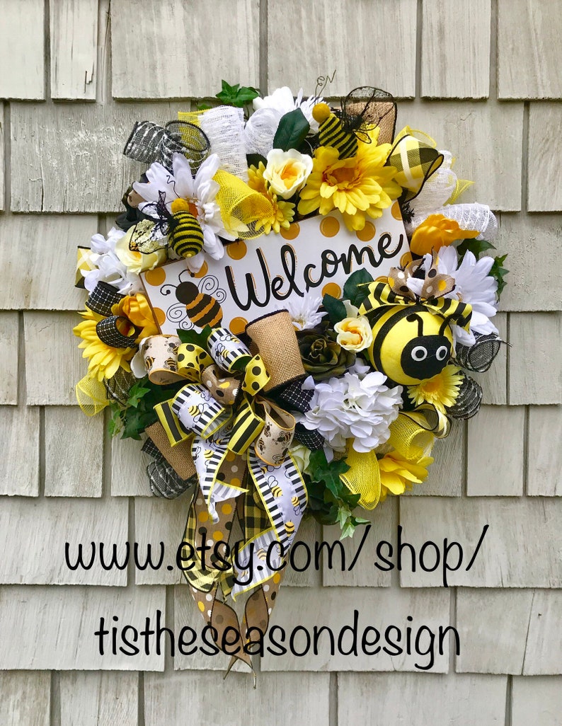 Bee Wreath Bee Happy Black,Yellow and White Summer Wreath XL Spring Wreath Welcome Bee Bumblebee Wreath Welcome Wreath