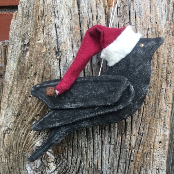 CROW with Santa hat....Christmas Ornament..