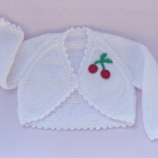 Hand knitted baby clothes, Baby cardigan, 3 to 6 months white  baby bolero.  baby sweater, baby clothes, baby shower gift, baby girl gift.