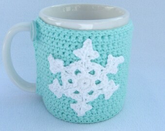 Crochet mug cozy with crochet snowflake. Homewares, Birthday gift, accessories, Mother's day gift, Christmas gift, stocking stuffer