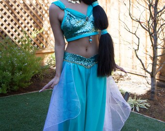 Cutemini Femmes Aladdin Jasmine Princess 3Pcs Costume Lampe cosplay robe de soirée Danse du ventre fantaisie paillette Ensemble de tenue