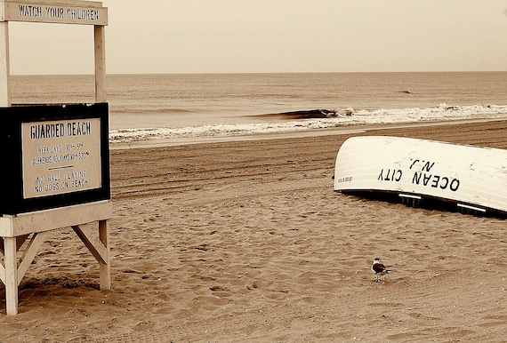Ocean City Nj Beach Sepia Lifeguard Stand Boat Sand Shore Seashore Photography Print Canvas Art