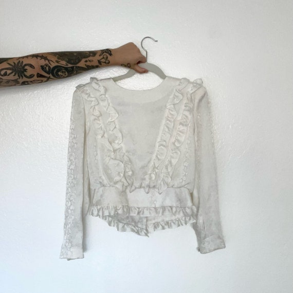 Vintage 80s White Ruffle Blouse with Paisley & Bu… - image 2