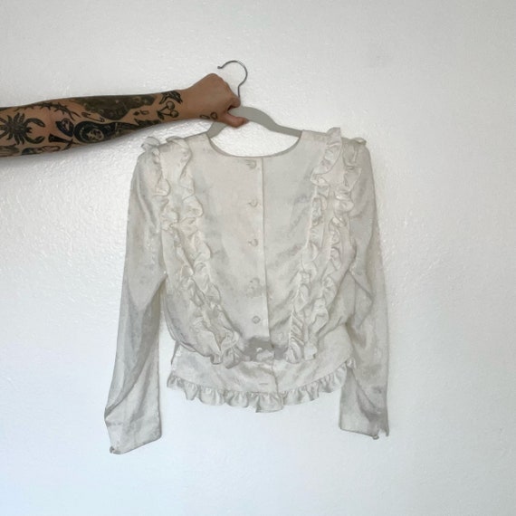 Vintage 80s White Ruffle Blouse with Paisley & Bu… - image 1