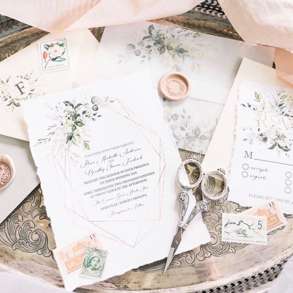 Geometric Greenery Wedding Invitation Suite- SAMPLE, modern invitation, spring, eco friendly, water color, ombre, leaves, deckled edges