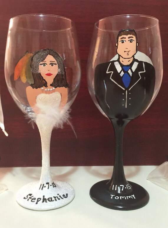 Hand Painted Bride Groom Wine Glass Set Etsy