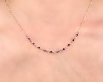 Petite Lapis Lazuli gemstone choker with thin gold fill chain, small blue gemstone beaded necklace, dainty jewelry, 14k gold filled