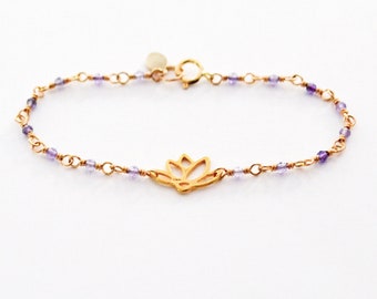 Dainty Amethyst Bracelet, February Birthstone / Handmade Jewelry/ Purple Amethyst, Lotus Charm Bracelet, Gemstone Bracelet, Summer Jewelry