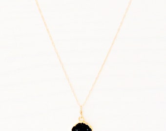 Tiny Black Evil Eye Druzy Pendant Necklace / Gold Edged Black Stone on 14k Gold fill Chain / Black Druzy Genuine Simple Gemstone Necklace