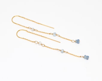 Ombre Aquamarine Earrings, Beaded Drop Earrings, Blue Gemstone Threaders,  Gold Thread Through Earrings, Needle Ear Threaders