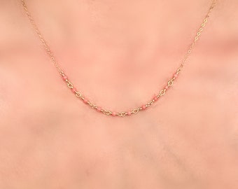 Petite Pink Coral gemstone choker with thin gold fill chain, small Coral gemstone beaded necklace, dainty jewelry, 14k gold filled