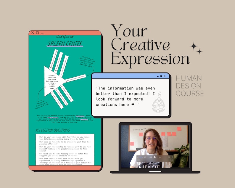 May include: A laptop screen displaying a Human Design course with the text "Your Creative Expression" and a quote from a student saying "The information was even better than I expected! I look forward to more creations here."