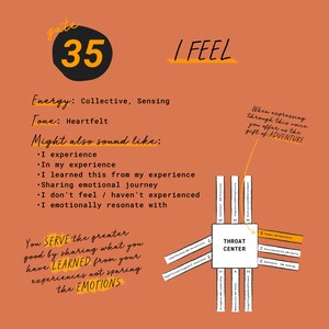 May include: A diagram of the Human Design system, showing the Throat Center with the number 35 highlighted. The text "gate 35" is written in a circle. The text "I FEEL" is written in a yellow box. The text "Energy: Collective, Sensing" and "Tone: Heartfelt" is written in black text. The text "Might also sound like:" is written in black text. The text "&bull; I experience" is written in black text. The text "In my experience" is written in black text. The text "&bull; I learned this from my experience" is written in black text. The text "&bull; Sharing emotional journey" is written in black text. The text "&bull; I don't feel / haven't experienced" is written in black text. The text "&bull; I emotionally resonate with" is written in black text. The text "You SERVE the greater good by sharing what you have LEARNED from your experiences not sparing the EMOTIONS" is written in black text. The text "When expressing through this voice you offer us the gift of ADVENTURE" is written in black text. The text "THROAT CENTER" is written in a black box.