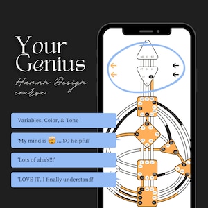 May include: A smartphone screen displaying a Human Design chart with a blue circle around the top section. The chart is a complex diagram with numbers and lines. The text on the screen reads "Your Genius Human Design course" and "Variables, Color, & Tone". Three blue speech bubbles contain the text: "My mind is... SO helpful!" with a thinking face emoji, "Lots of aha's!!!", and "LOVE IT. I finally understand!"