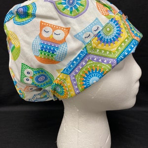 Cross-stitched owls in matching hexagons Scrub hat REVERSIBLE Modern bouffant or Pixie Style