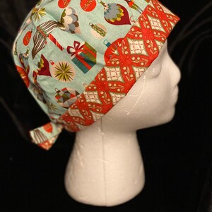 Christmas ornaments in faded teal Scrub hat REVERSIBLE Modern bouffant or Pixie Style