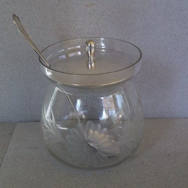 Vintage English Preserves Jar - Sterling Silver and Etched Glass Jam Jar - Silver Condiment Jar - Sterling Silver and Glass Preserves Jar