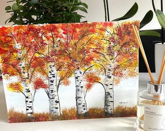 Betulle Alberi Dipinto ad acquerello originale 30x22 cm A4 Arancione Foresta di betulle autunnali