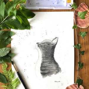 Cat watercolor painting Original artwork Pet art Cat portrait Cat painting Cat lover Grey cat Kitten art Animals artwork Car decor 9x12 inch