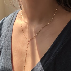14k Gold Glitter Chain Y Drop Necklace, Solid Gold Lariat Necklace, Sparkle Chain Necklace,  Mirror Chain Necklace