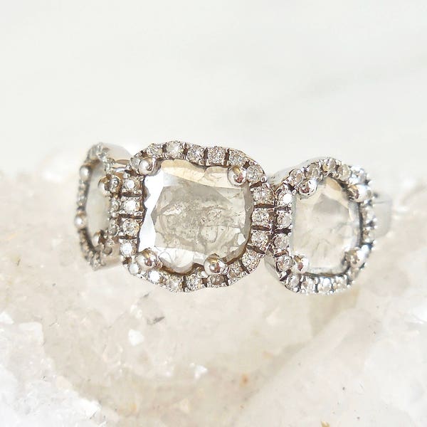 RESERVED Triple Diamond Slice Ring - Unique Handmade Engagement Ring, Modern, 3 Diamond Ring, Diamond Halo