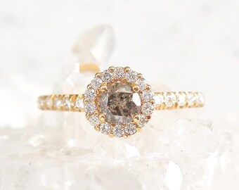 Salt and Pepper Diamond Ring 14k Gold, Diamond Halo Engagement Ring