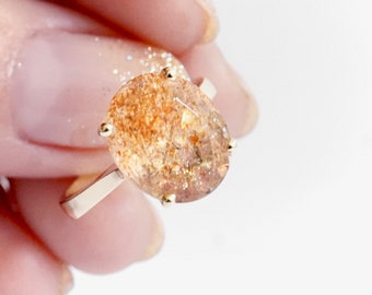 Orange Sunstone Ring 14k Gold,  12 x 10mm Oval Sunstone Solitaire