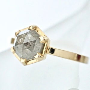Salt and Pepper Hexagon Diamond Ring, Grey Geometric Diamond Engagement Ring, Raw Diamond Ring