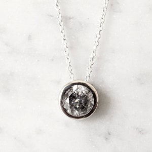 Salt and Pepper Diamond Necklace, 1 carat Gray Diamond Bezel Pendant in 14k Gold, Made to Order