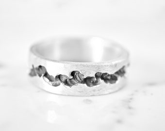 Rugged Silver Band, Handmade Silver Mens Wedding Band, Unique Silver Band, Black Diamond Band