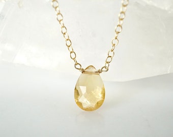 Golden Citrine Briolette Necklace: November Birthstone, Gold-Filled or Sterling Silver